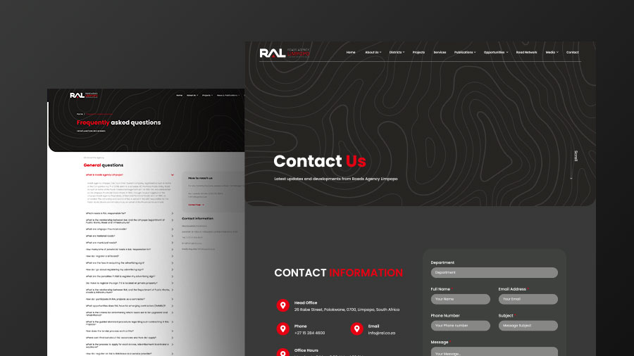 Roads Agency Limpopo contact page design with enquiry form